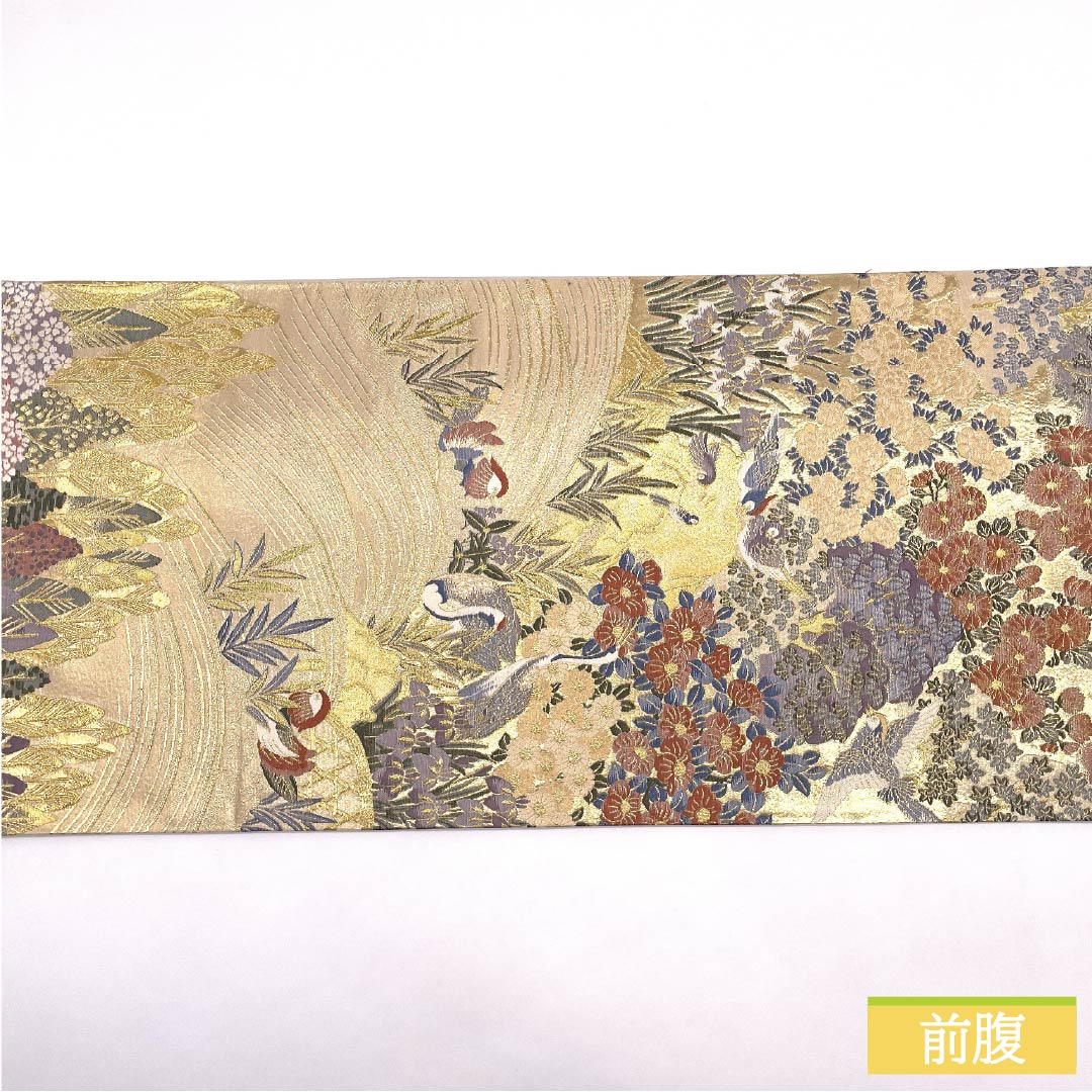 袋帯 正絹 金色(きんいろ) 鶴 鳳凰 鴛鴦 風景 帯丈432cm Sランク 六通 フォーマル 金系 1123012062321