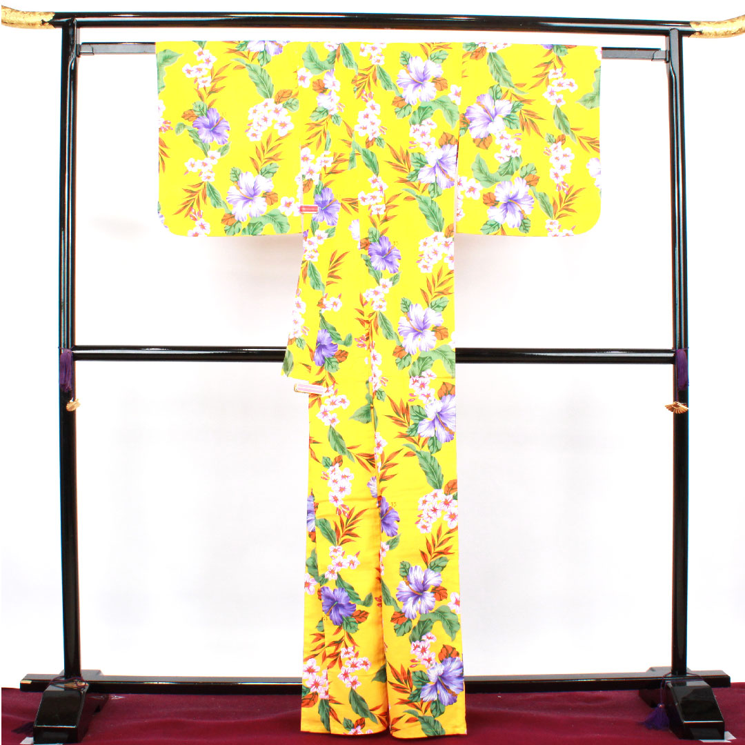 浴衣 山吹色 ハイビスカス 木綿 Sランク 単衣 身丈165cm 裄丈67.5cm 黄系 1118003262523