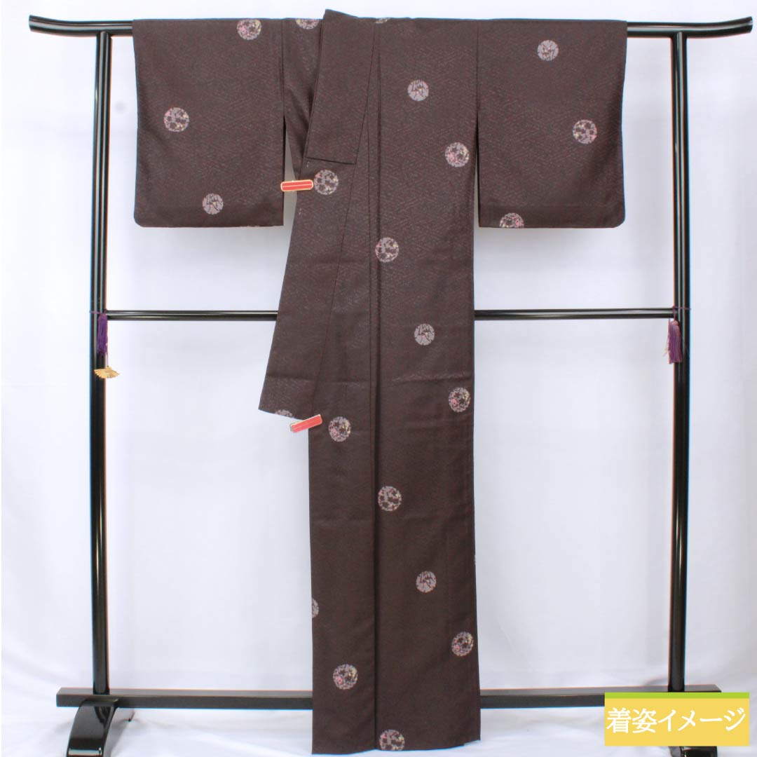 小紋 ポリエステル 身丈164.5cm 裄丈65.5cm 単衣 紫烏色(しうしょく) 雪輪 花びら 洗える着物 Sランク 紫系 1115006062420