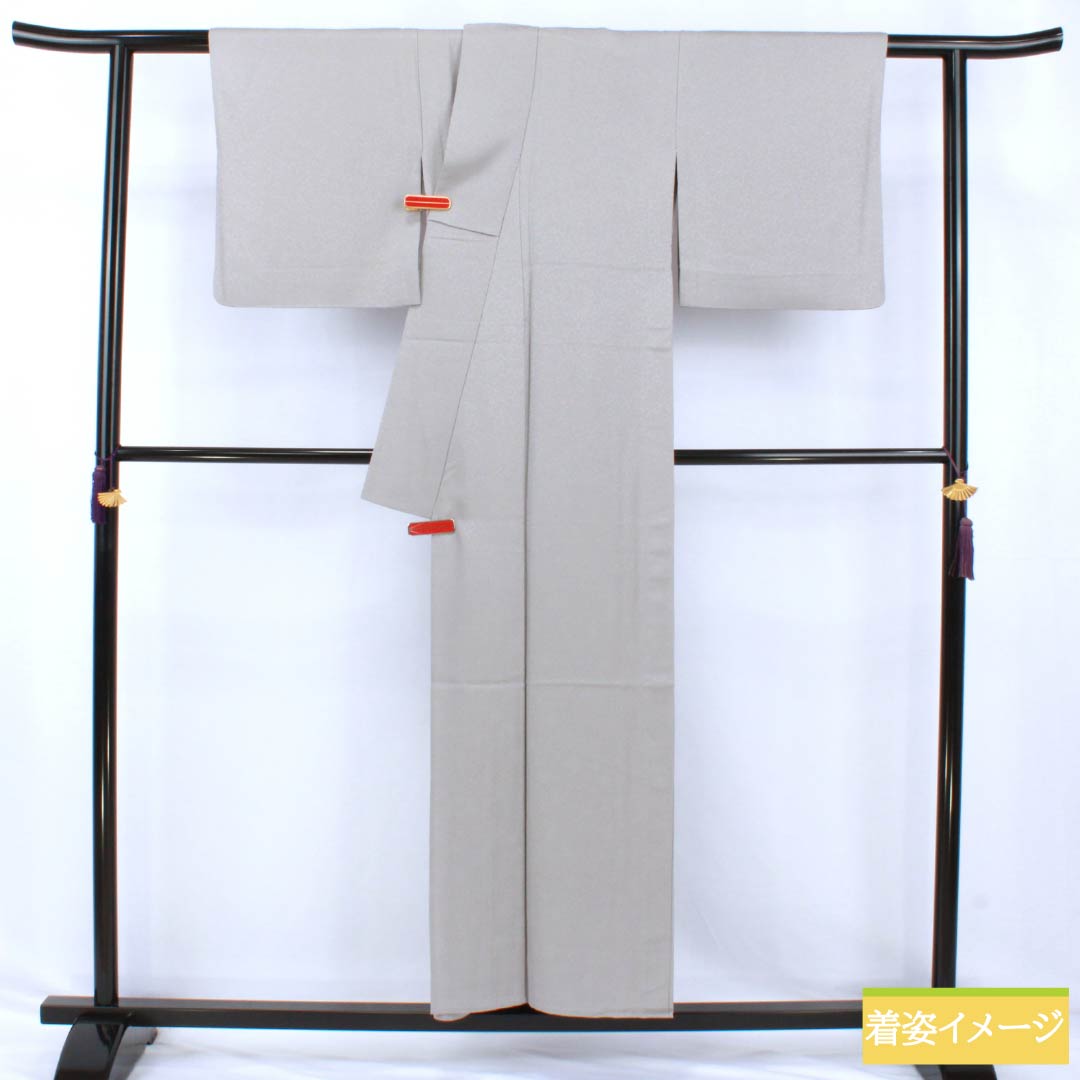 色無地 正絹 Sランク 身丈154cm 裄丈64cm 錫色(すずいろ) 一つ紋 丸に片喰 唐草 単衣 グレー系 1114002382222