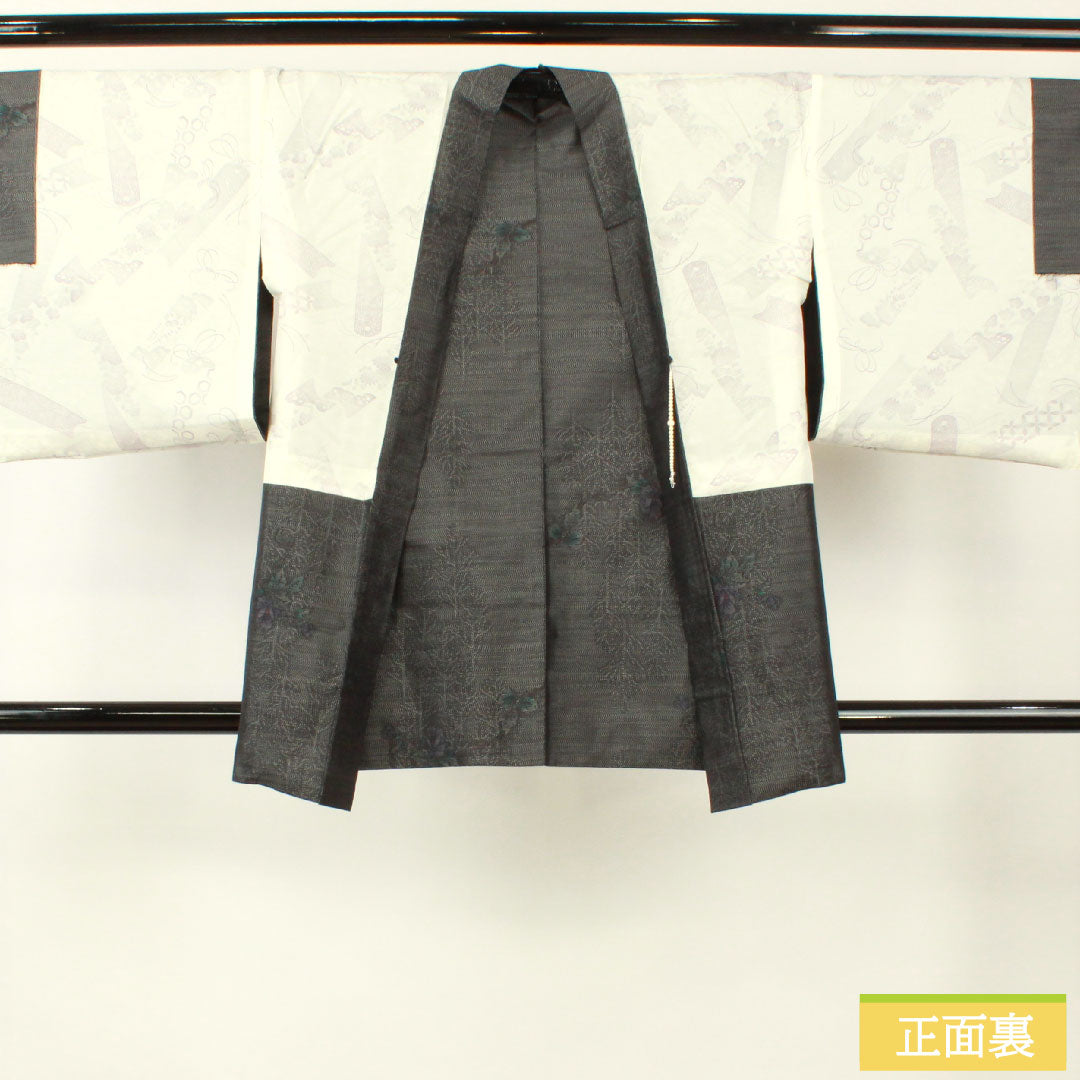 羽織 正絹 身丈84cm 裄丈66cm 大島紬 緯総絣 草花模様 Sランク 袷 黒系 1117001162910