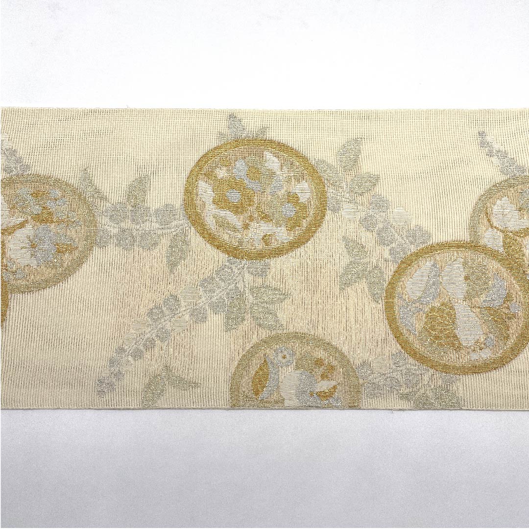 袋帯 生成り色(きなりいろ) 夏帯 花紋 帯丈432cm 正絹 Sランク 六通 フォーマル クリーム系 1123007372315