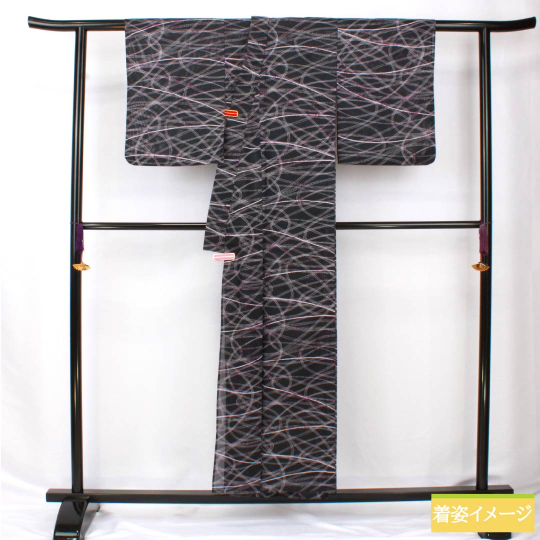夏物 ポリエステル 小紋 身丈153cm 裄丈64cm 相済茶色(あいすみちゃいろ) 抽象模様 絽 Aランク 黒系 1132002293210