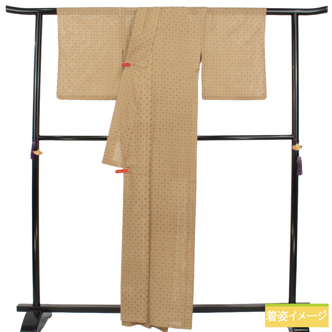 夏物 ポリエステル 小紋 Sランク 身丈163cm 裄丈63.5cm 翁茶色(おきなちゃいろ) 枯野色(かれのいろ) 市松 桜 絽 茶系 1132005122414