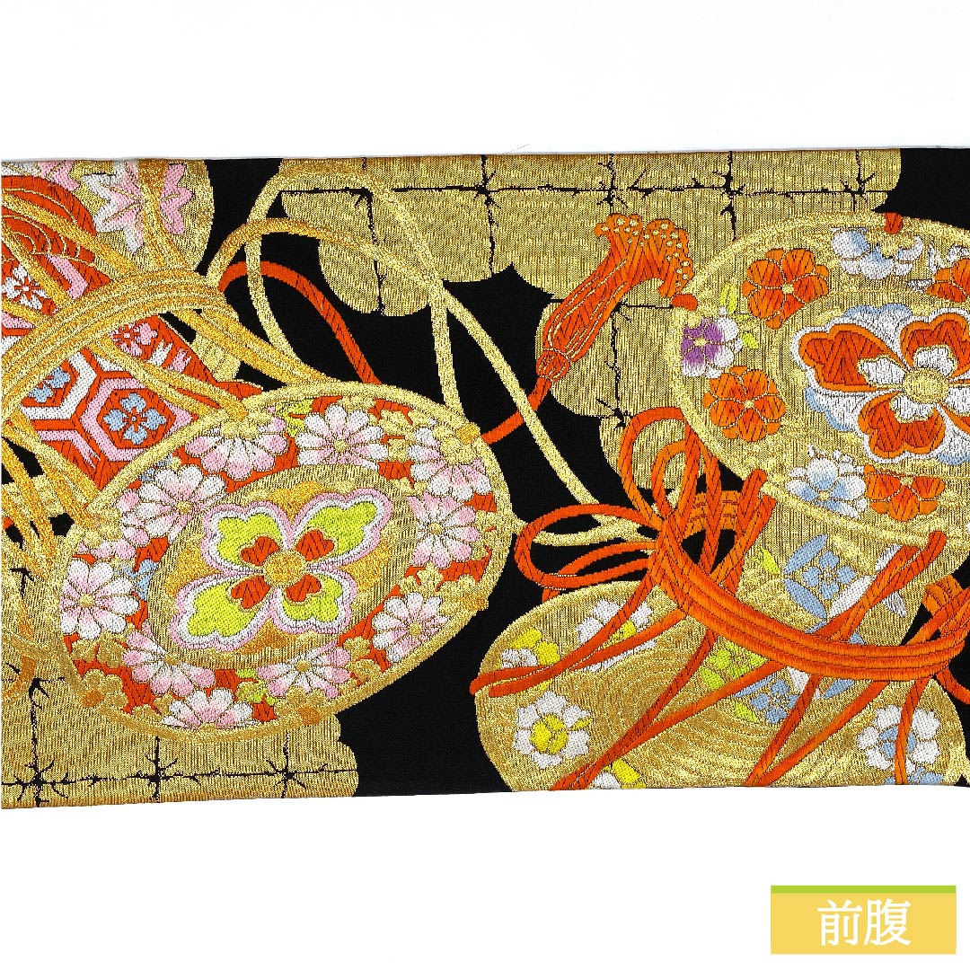 Fukuro Obi, Pure Silk, Black, Drum, Tortoise Shell, Shippo, Autumn Leaves, Length 424cm, S Rank, Six-way, Formal, Black, 1123011802310