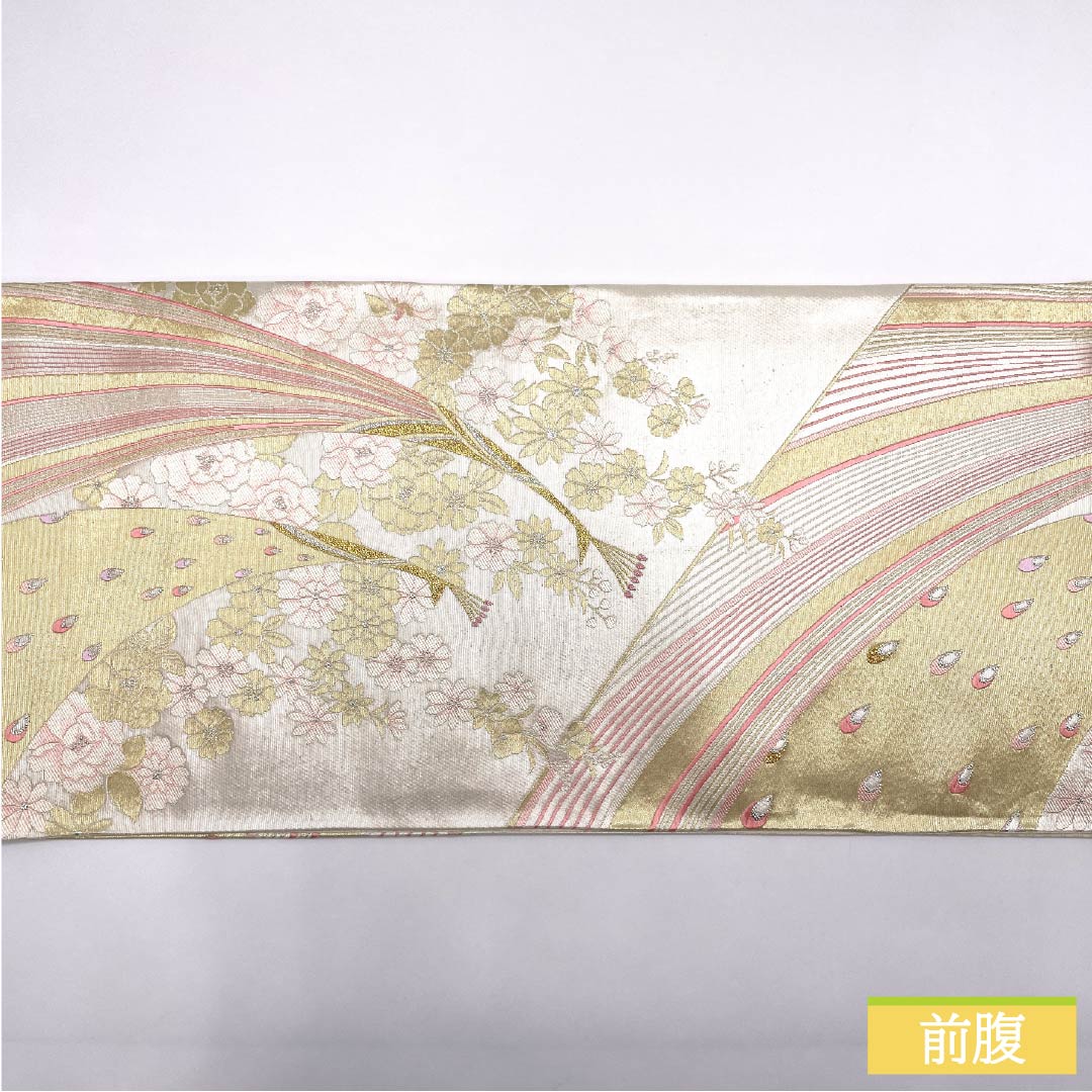 袋帯 正絹 振袖用 孔雀 花模様 帯丈442cm Sランク 六通 フォーマル 銀系 1123013972322