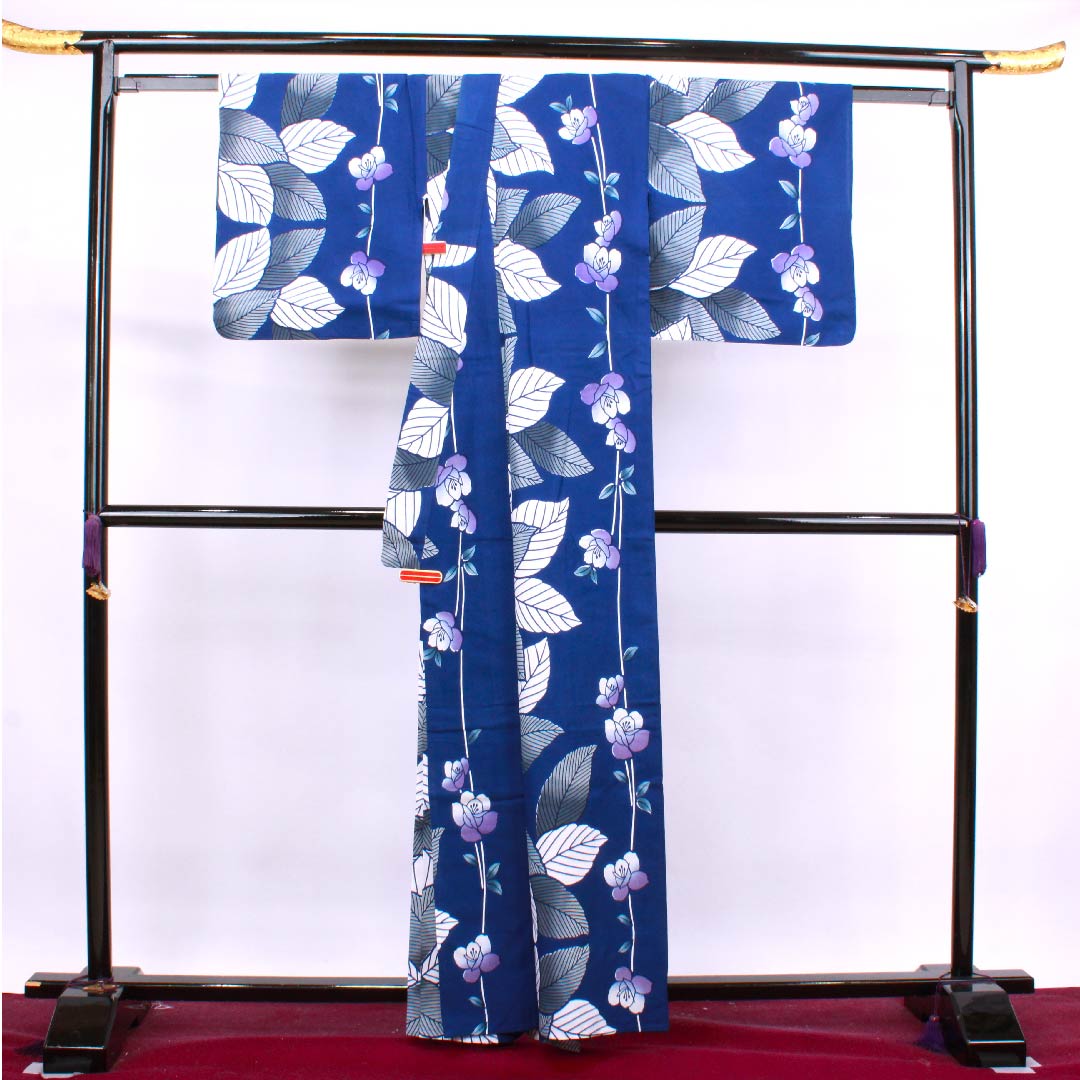 浴衣 紺桔梗色 薔薇 木綿 Sランク 単衣 身丈161.5cm 裄丈71cm 紺系 1118004132418