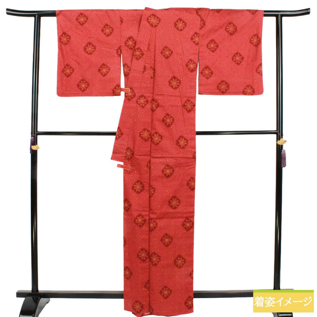 浴衣 木綿 Sランク 身丈165.5cm 裄丈67.5cm 紅絹色(もみいろ) コシノジュンコ 抽象模様 単衣 赤系 1118007252512
