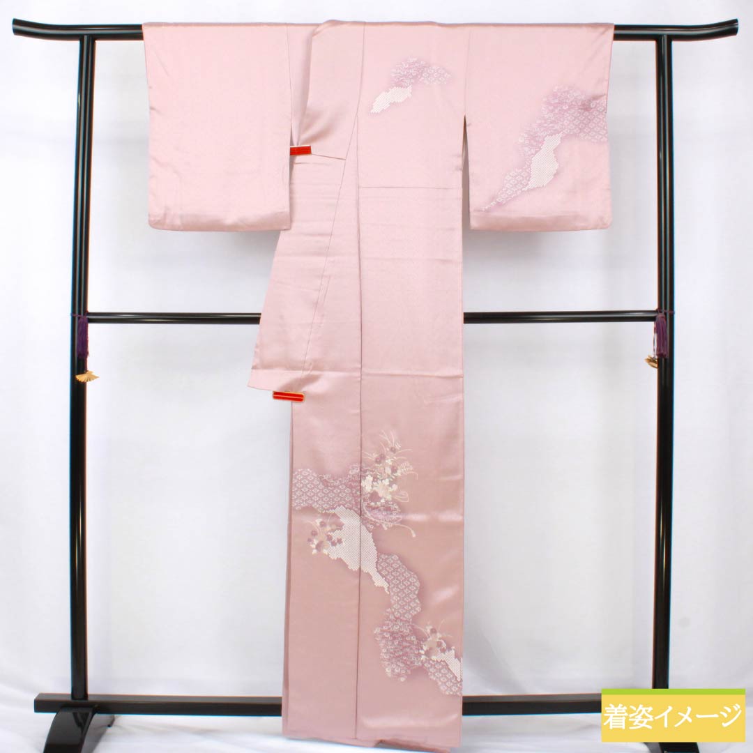 Visiting Kimono, Pure Silk, S-Rank, Lined, Length 165cm, Sleeve Length 64.5cm, Faded Red (Arasomeiro), Kyoto Yuzen, Tsukesage, Embroidered Flowers, Pink, Product Number: 1112006582513