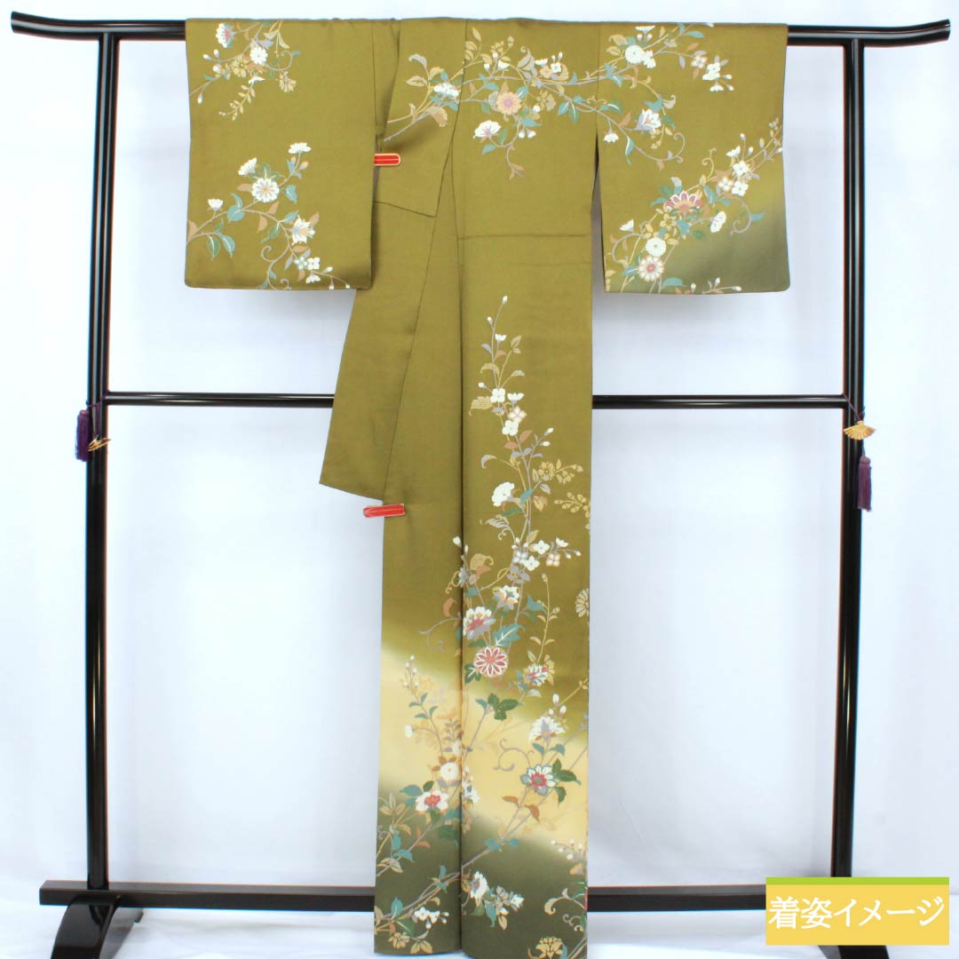 訪問着 正絹 Aランク 袷 身丈162cm 裄丈60.5cm 威光茶色(いこうちゃいろ) 京友禅 草花 緑系 1112007593419