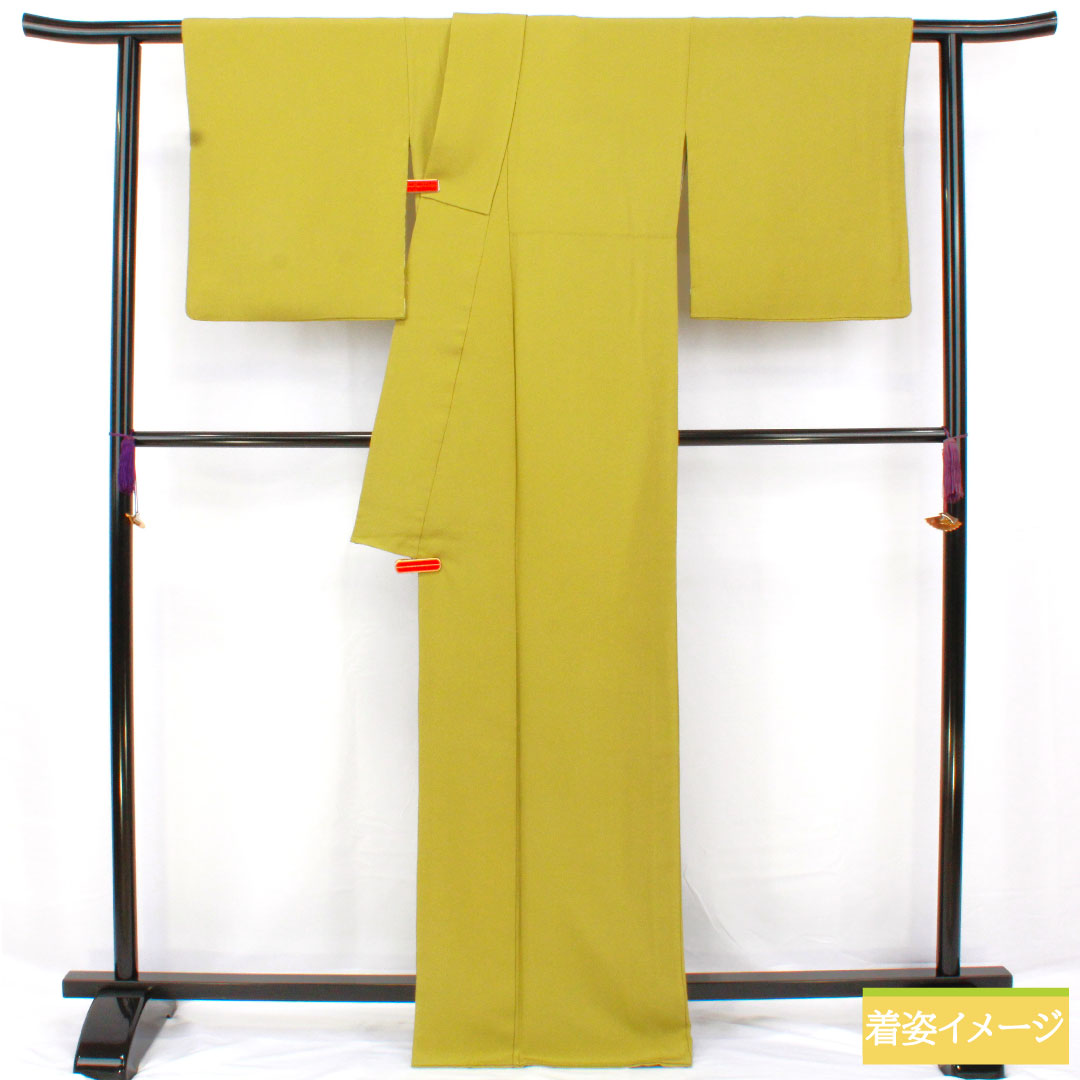 色無地 正絹 身丈167.5cm 裄丈70cm 青朽葉色(あおくちばいろ)素無地 一つ紋 鐶木瓜に花角 袷 Aランク 緑系 1114001973519