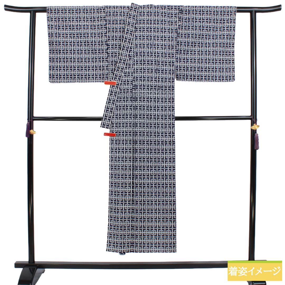 メンズ浴衣 木綿 Aランク 身丈146cm 裄丈69cm 濃紺色(のうこんいろ) 幾何学模様 居敷当て付き 単衣 紺系 1138000543418