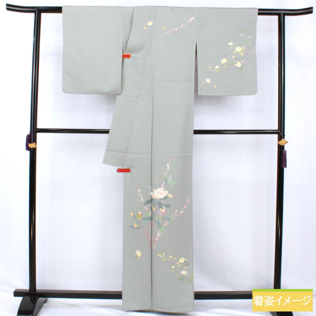 Visiting Kimono, Pure Silk, Grade A, Lined, Length 160.5cm, Sleeve Length 63cm, Kaga Yuzen, Floral Design, Artist's Work, Tsukesage, Gray, Product Number: 1112006933422