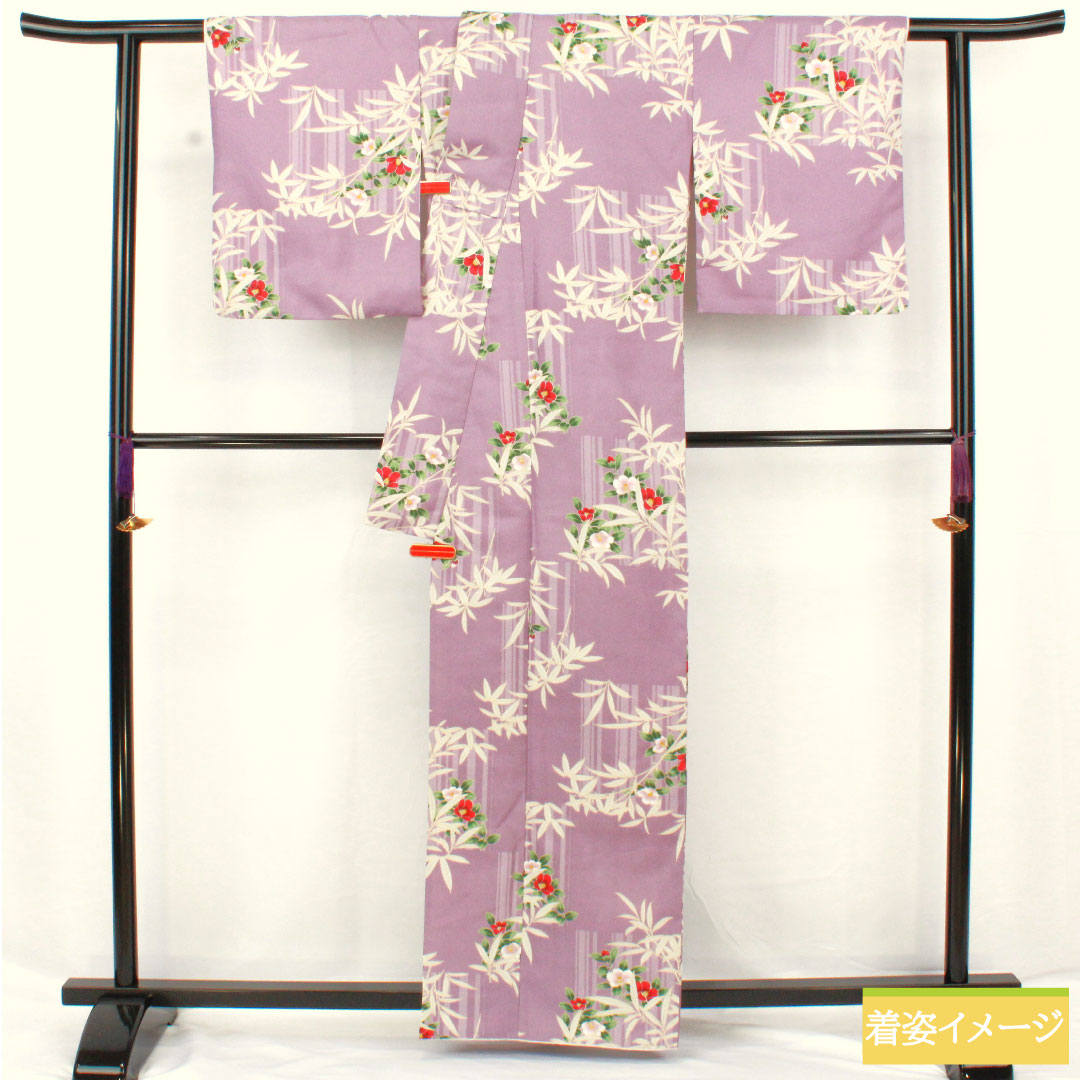 小紋 ポリエステル 身丈162cm 裄丈66cm 袷 浅紫色(あさきむらさきいろ) 洗える着物 草花模様 Sランク 紫系 1115004822420