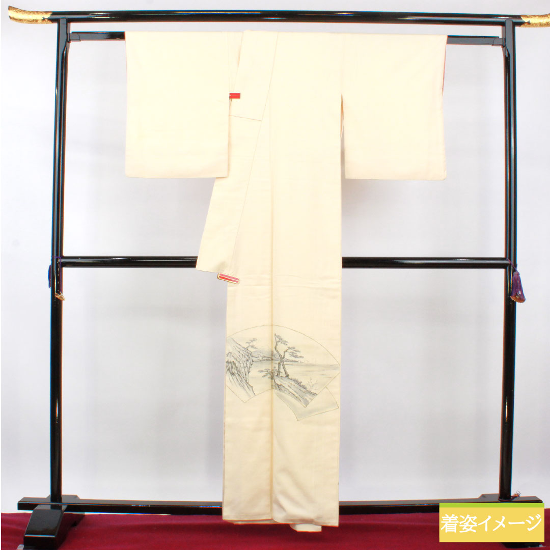 彩色留袖、纯丝、长度 159.5 厘米、袖长 65.5 厘米、里料、Neriiro(Neri-iro)、春亚纺、手绘友禅、富士山、A 级、奶油色、1111001323315
