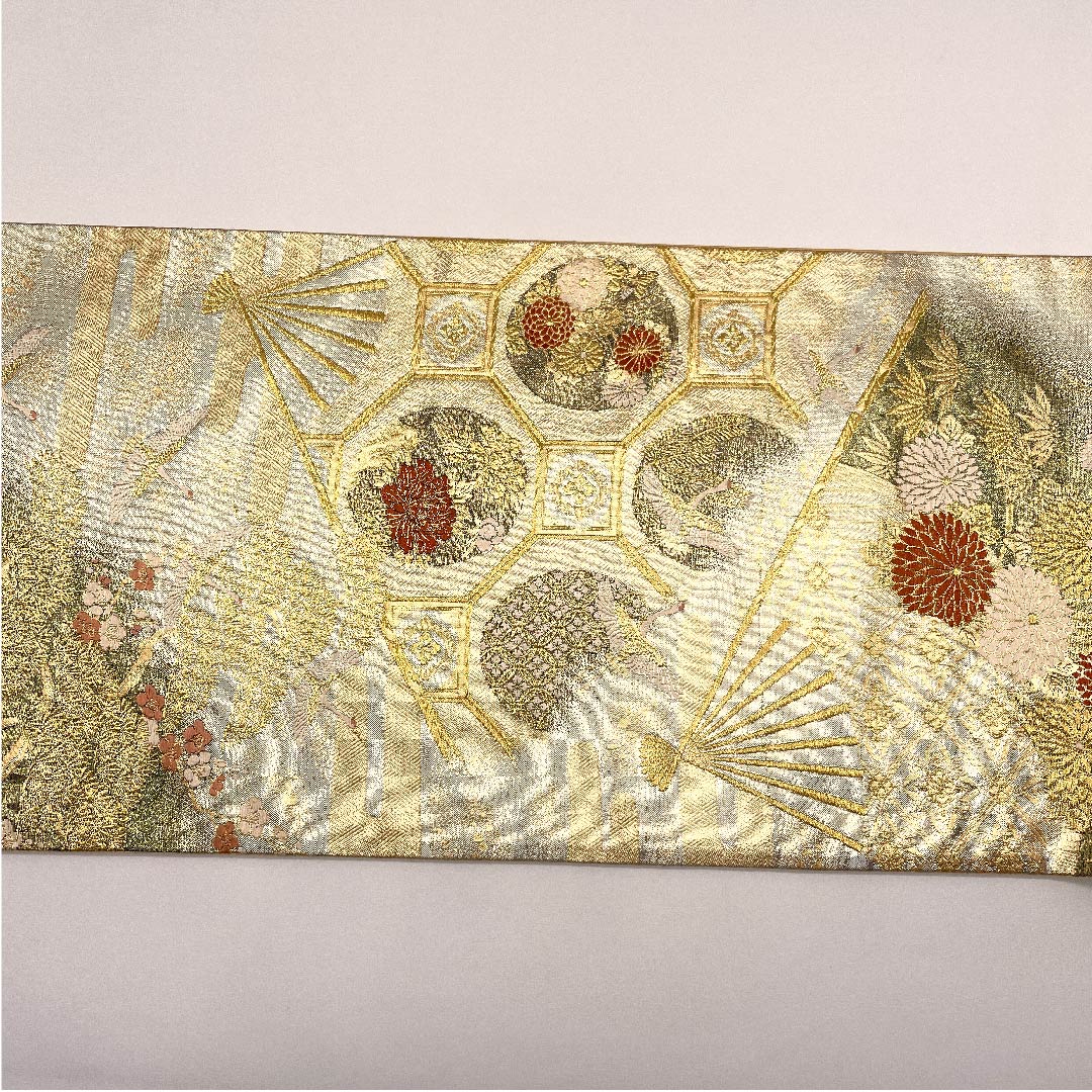 袋帯 金色 扇面 松竹梅 鶴 蒔絵 帯丈434cm 正絹 Aランク 六通 フォーマル 金系 1123009103321