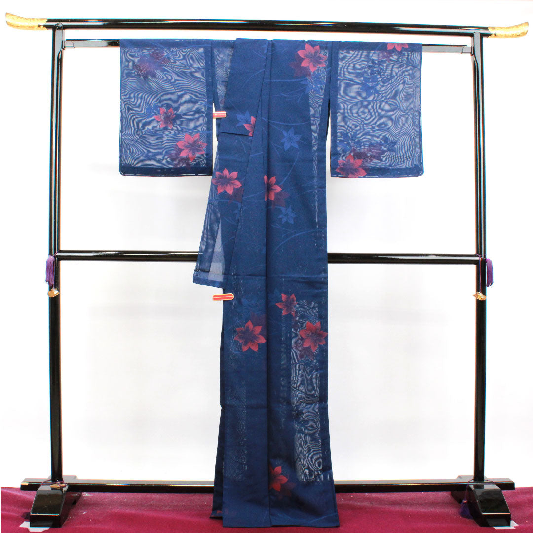 夏物 正絹 小紋 身丈168cm 裄丈63.5cm 紺桔梗色(こんききょういろ) 草花模様 しつけ糸付き 未使用品 紗 Sランク 紺系 1132001282518