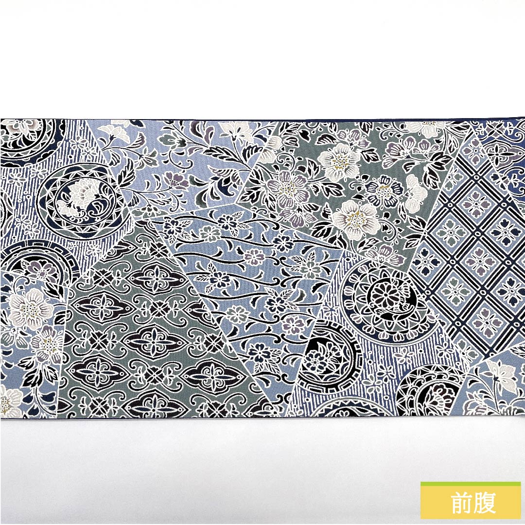 袋帯 薄藍色(うすあいいろ) 切り嵌め風 花柄 帯丈453cm 正絹 Sランク 全通 カジュアル 水色系 1123009632424