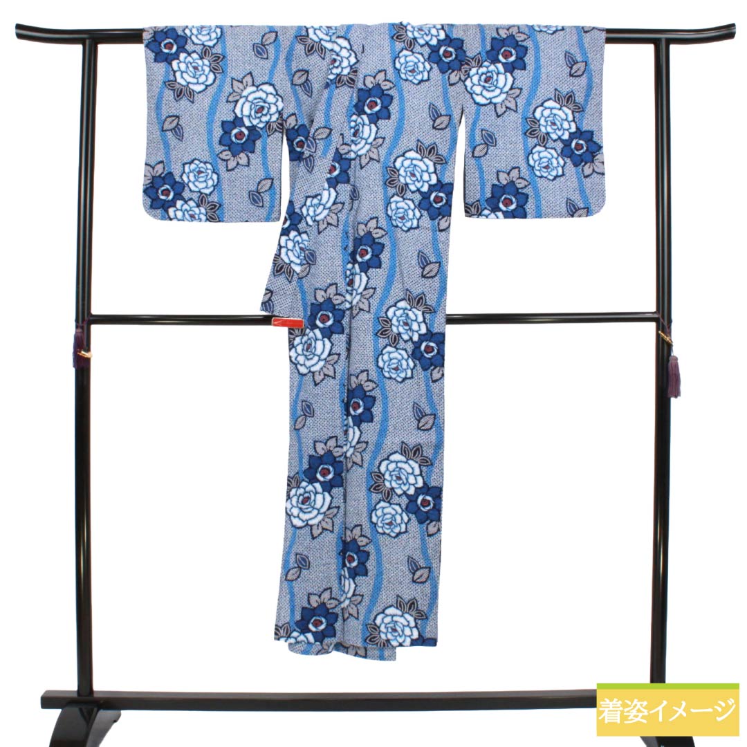 浴衣 木綿 Sランク 身丈142cm 裄丈64.5cm 濃紺色(のうこんいろ) リップル 薔薇 立涌 単衣 紺系 1118007602118