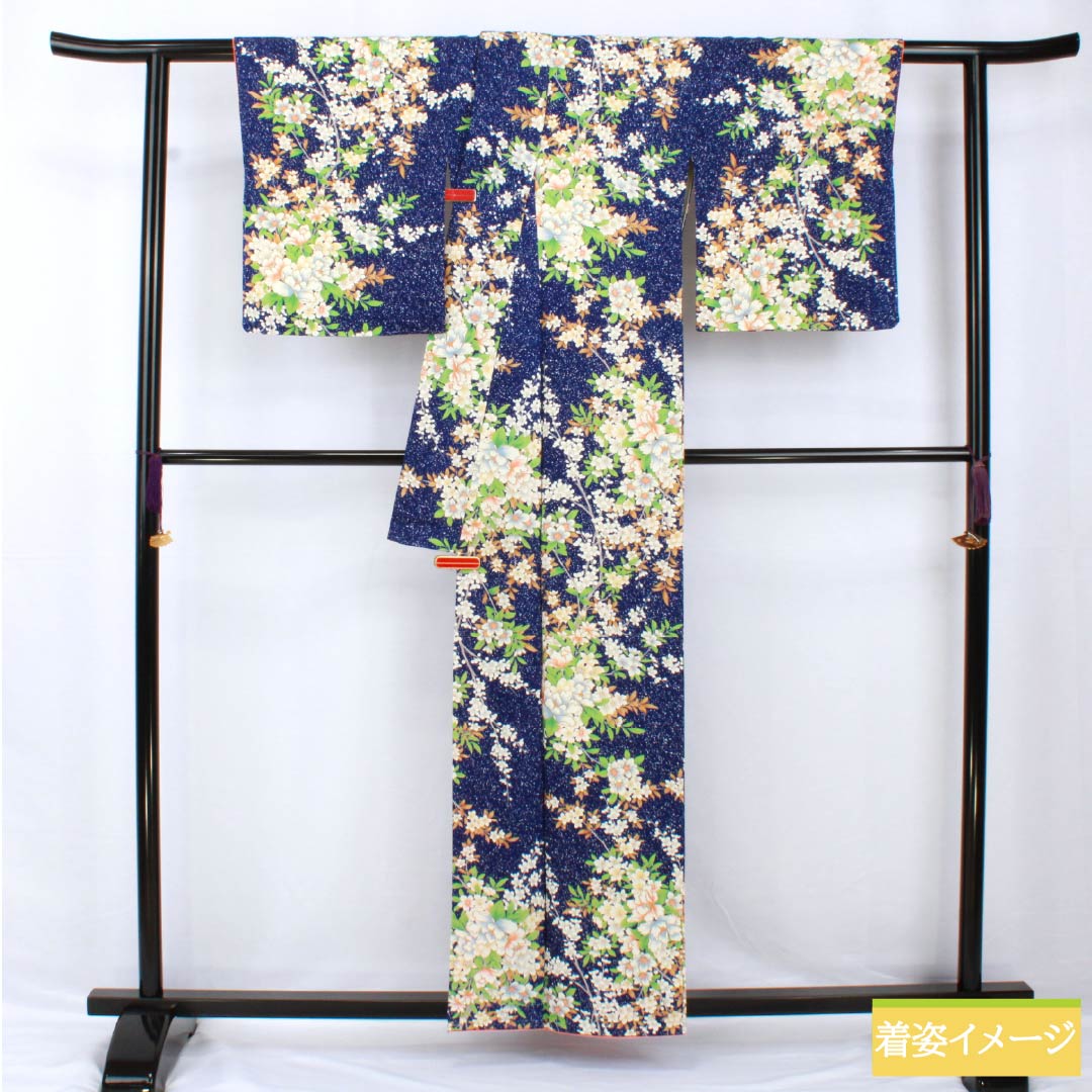 小紋 正絹 身丈158cm 裄丈63cm 袷 瑠璃色(るりいろ) 型染 総花 しつけ糸付き Sランク 紺系 1115005372318