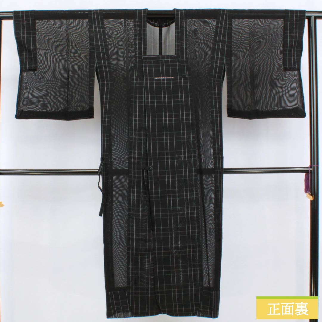 雨コート ポリエステル Sランク 身丈126cm 裄丈63cm 格子 収納ケース付き 紗 黒系 1117001242910