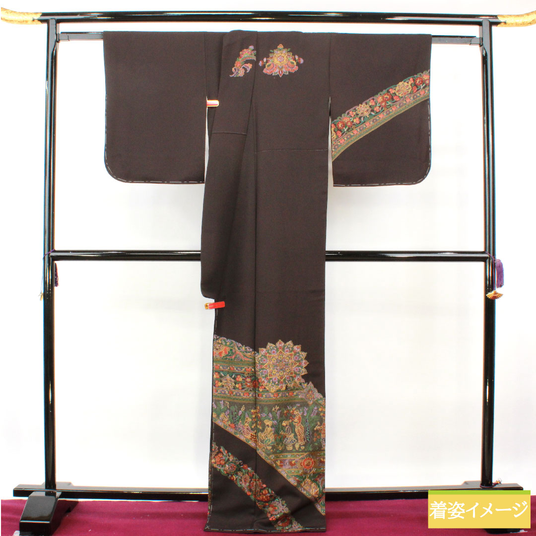訪問着 正絹 袷 身丈167cm 裄丈67.5cm 蘇州刺繡 汕頭刺繡 しつけ糸付き 欧風文様 一つ紋 揚羽蝶 Sランク 茶系 1112003982514