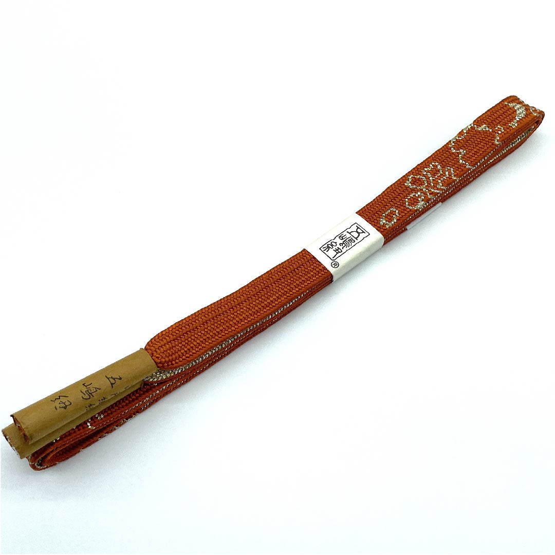 (New old stock) Obi-jime (belt fastener) made of pure silk, quarter-length cord, ochre, Goshima cord, Edo braid cord, metallic thread used, length approx. 159cm, width approx. 1.5cm, semi-formal, rank S, orange, 1135000822926