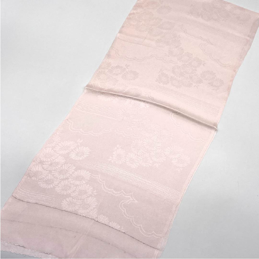 Obiage, pure silk, formal, light cherry blossom color, classic pattern, clouds and flowers, length 148cm, width 26cm, S rank, pink, 1136000352913