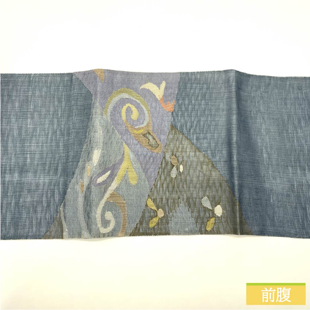 袋帯 正絹 湊鼠色(みなとねずいろ) 夏帯 抽象模様 帯丈440cm Bランク ポイント柄 セミフォーマル 水色系 1123013274324
