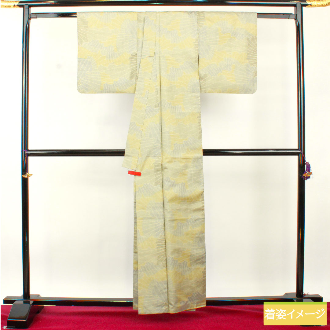 Silk pongee, Length 160cm, Sleeve length 62.5cm, Rikyu white brown, Oshima pongee, Weft-to-weave kasuri, Abstract pattern, S rank, Lined, Gray, 1116003652422