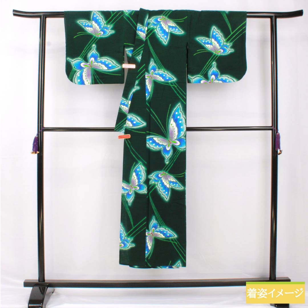 浴衣 木綿 身丈144cm 裄丈65cm Sランク 単衣 緑系 深緑色(ふかきみどりいろ) 蝶 1118005332119