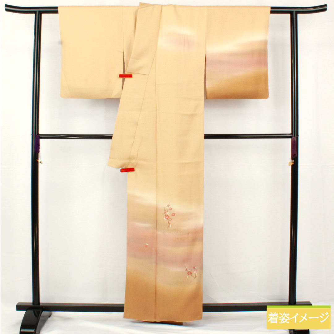 訪問着 正絹 袷 身丈162.5cm 裄丈64cm 麴色(こうじいろ) 京友禅 付下げ 梅 Sランク ベージュ系 1112005292425