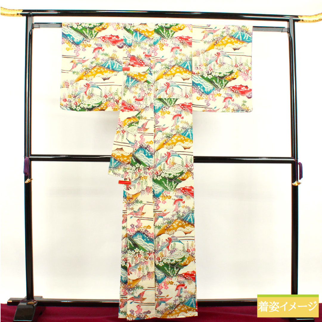 小紋 正絹 身丈161.5cm 裄丈63.5cm 袷 京紅型 梅 鶴 遠山 Sランク グラデーション系 1115003562499