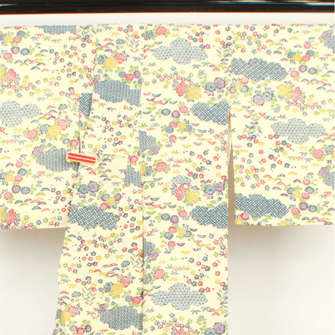 小紋 身丈162cm 裄丈63cm 袷 鳥の子色 型染 草花模様 正絹 Sランク クリーム系 1115002382415