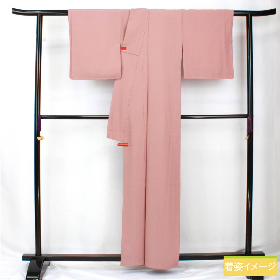 Solid-colored polyester kimono, length 160cm, sleeve length 62.5cm, crimson gray (beni-nezuiro), plain kimono with one crest, a circle with a flower and apricot leaf pattern, lined, S rank, pink, product number 1114002232413