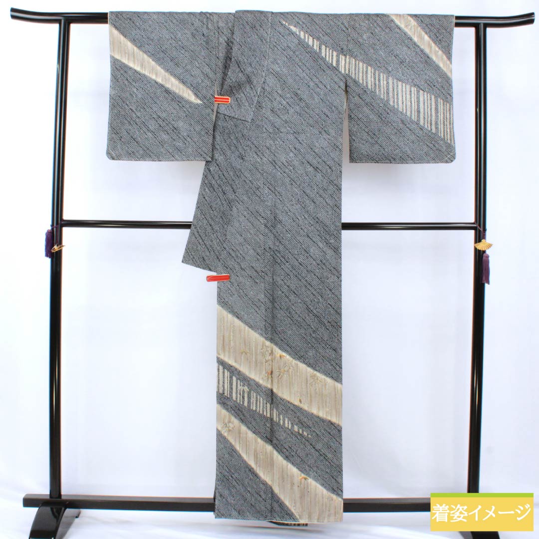 Visiting Kimono, Pure Silk, Grade A, Lined, Length 158cm, Sleeve Length 65.5cm, Dark Navy (Nukon-iro), Shibori Pattern, Bamboo, Basting Thread Included, Navy Blue, 1112006833318