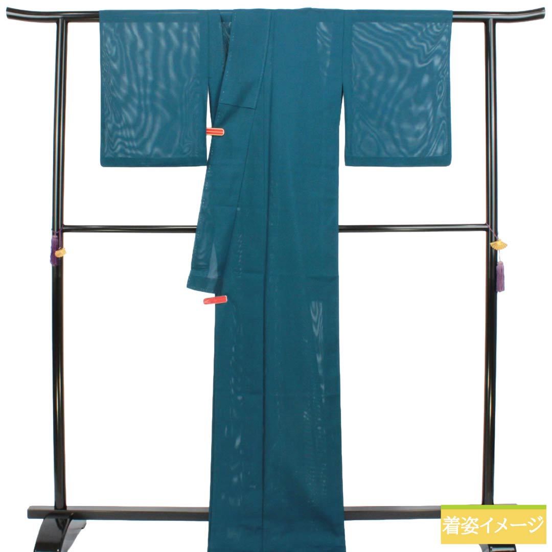 夏物 ポリエステル 色無地 Aランク 身丈169cm 裄丈64.5cm 藍天鵞絨色(あいびろうどいろ) 洗える着物 素無地 絽 青系 1132004223517