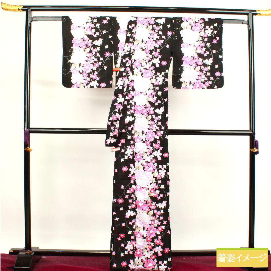 Yukata Cotton Length 165.5cm Sleeve length 64.5cm S rank Single layer Black Rose Cherry blossom 1118004512510