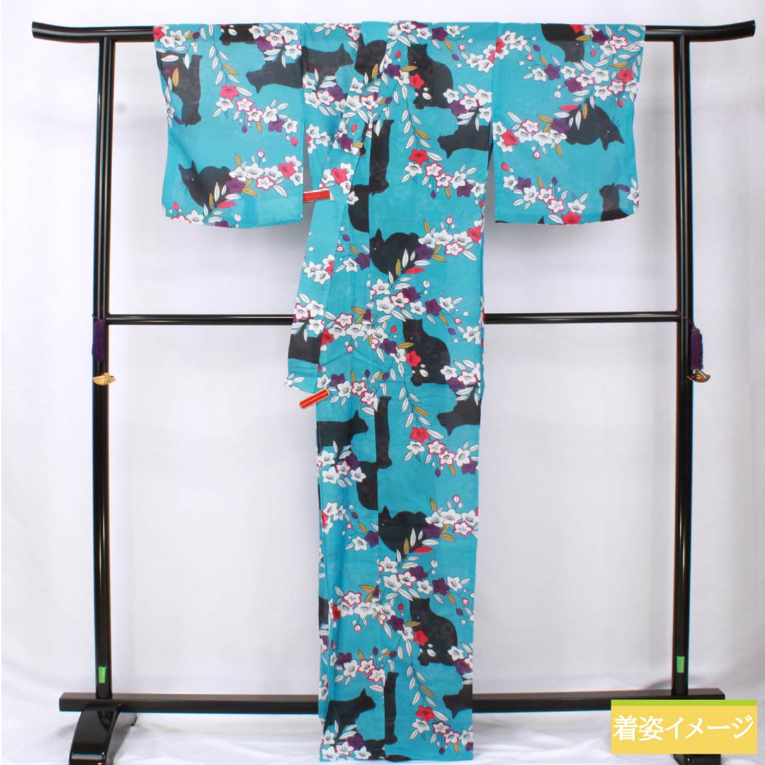 (新品未使用品) 浴衣 ポリエステル 身丈167cm 裄丈65cm NEWランク 単衣 青系 花浅葱色(はなあさぎいろ) 黒猫 桔梗 1118005731517
