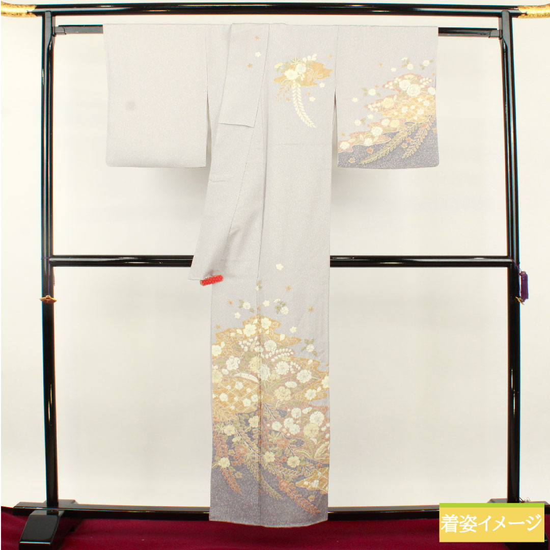 訪問着 正絹 袷 身丈156.5cm 裄丈63.5cm 雪色(せっしょく) 辻ヶ花 作家物 Aランク グレー系 1112004893322
