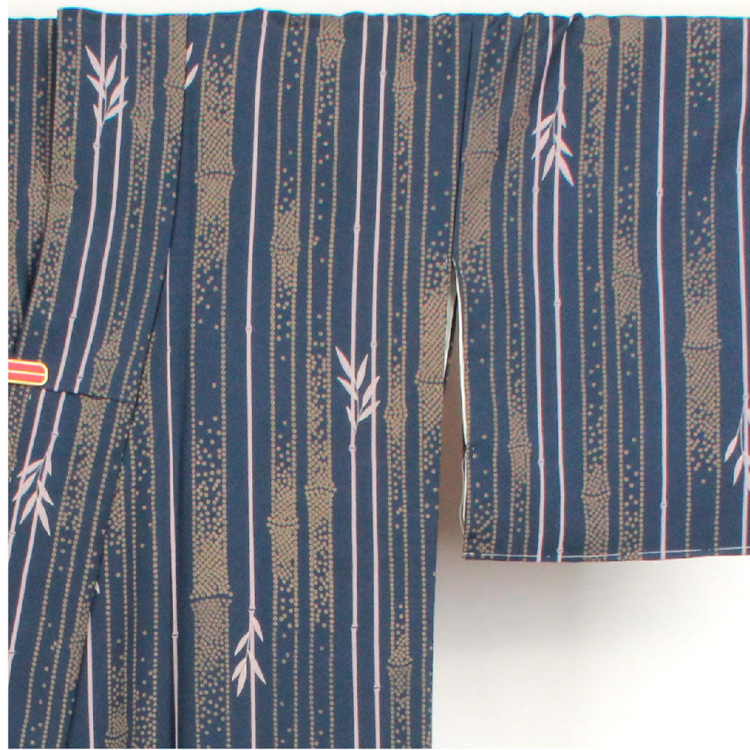 小紋 身丈163cm 裄丈67.5cm 袷 紺青色 洗える着物 竹 ポリ Sランク 紺系 1115002112418