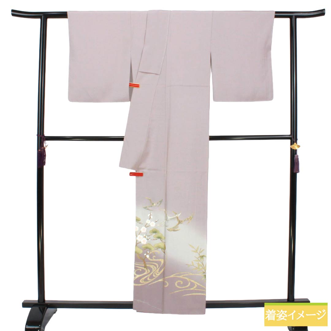 色留袖 正絹 Sランク 身丈157cm 裄丈64cm 袷 灰桜色(はいざくらいろ) 京友禅 鶴 松竹梅 流水 金彩加工 紋なし 紫系 1111002212320