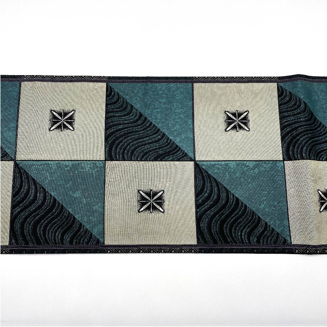 袋帯 深藍色(ふかきあいいろ) 市松模様 星 波 帯丈427cm 正絹 Aランク 六通 セミフォーマル 緑系 1123009003319