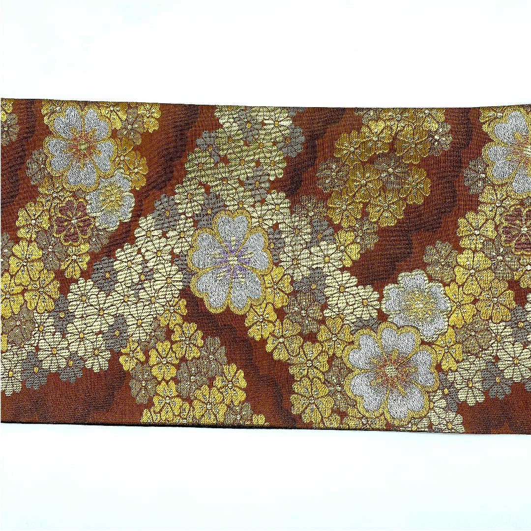 袋帯 雀色(すずめいろ) 小花 帯丈427cm 正絹 Sランク 六通 フォーマル 茶系 1123008382314