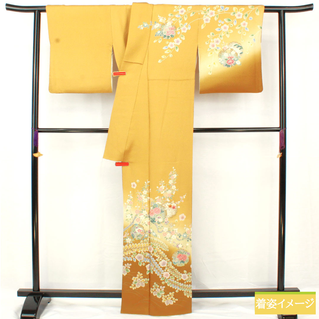 Homongi, pure silk, lined, length 163cm, sleeve length 69cm, yellow paper color, Kyoto Yuzen, cherry blossom, chrysanthemum, pink, new harebare processing, S rank, yellow, 1112005152423