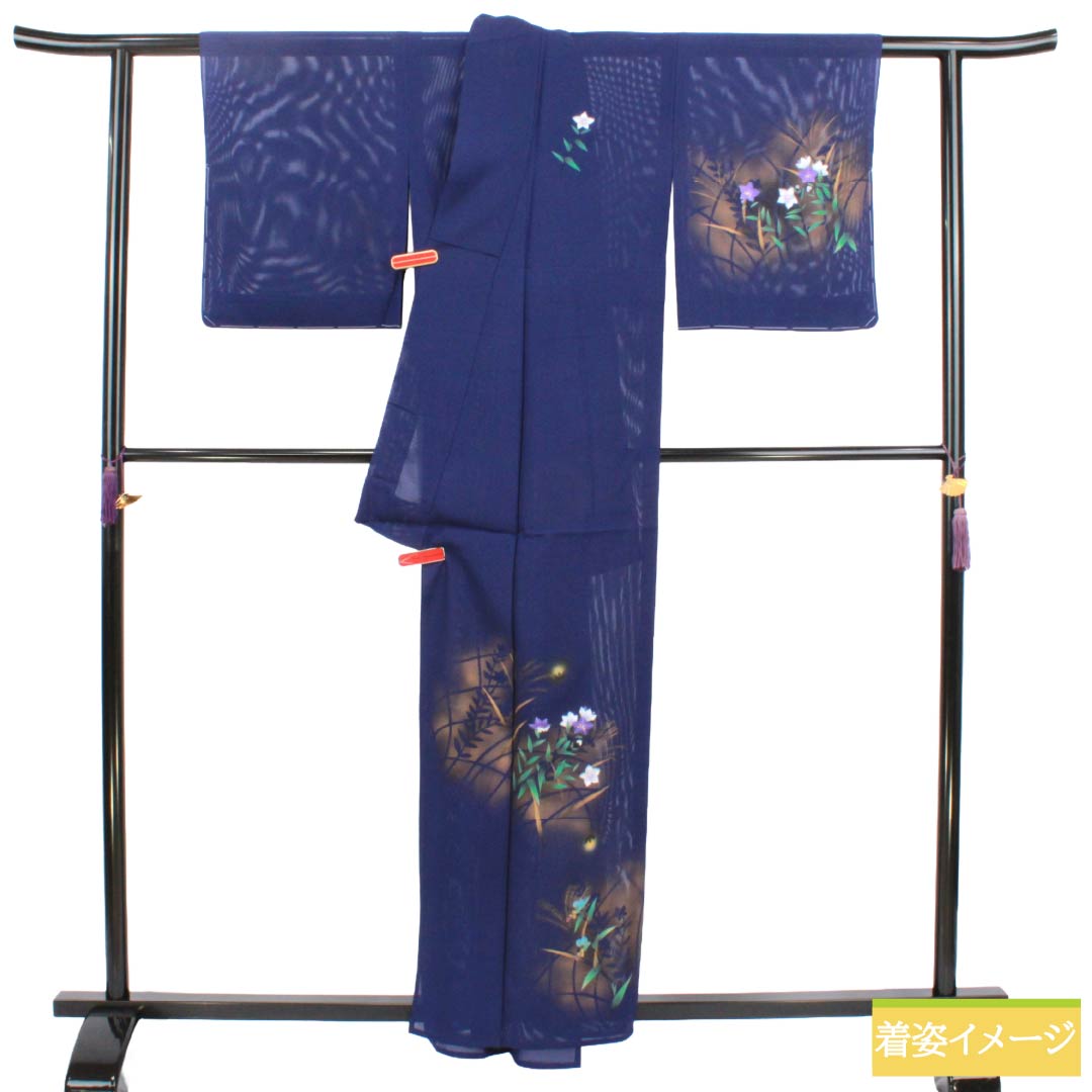 夏物 正絹 訪問着 Aランク 身丈158.5cm 裄丈62.5cm 濃桔梗色(こいききょういろ) 付下げ 秋草模様 蛍 絽 紺系 1132004703318
