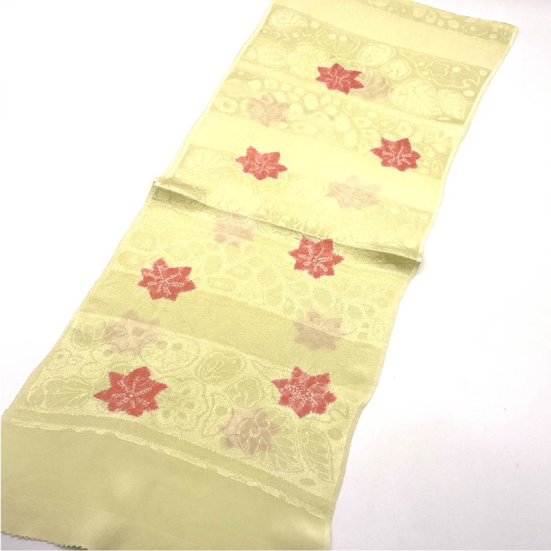 Obiage, pure silk, semi-formal, donkoshoku, tie-dye, autumn leaves, plants, length 168cm, width 27cm, S rank, cream, 1136000312915