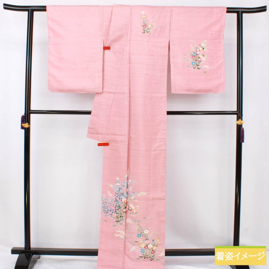 訪問着 正絹 Bランク 袷 身丈167cm 裄丈66cm 似桃色(にせももいろ) 牛首紬 京加賀友禅 付下げ 作家物 草花 ピンク系 1112007544513
