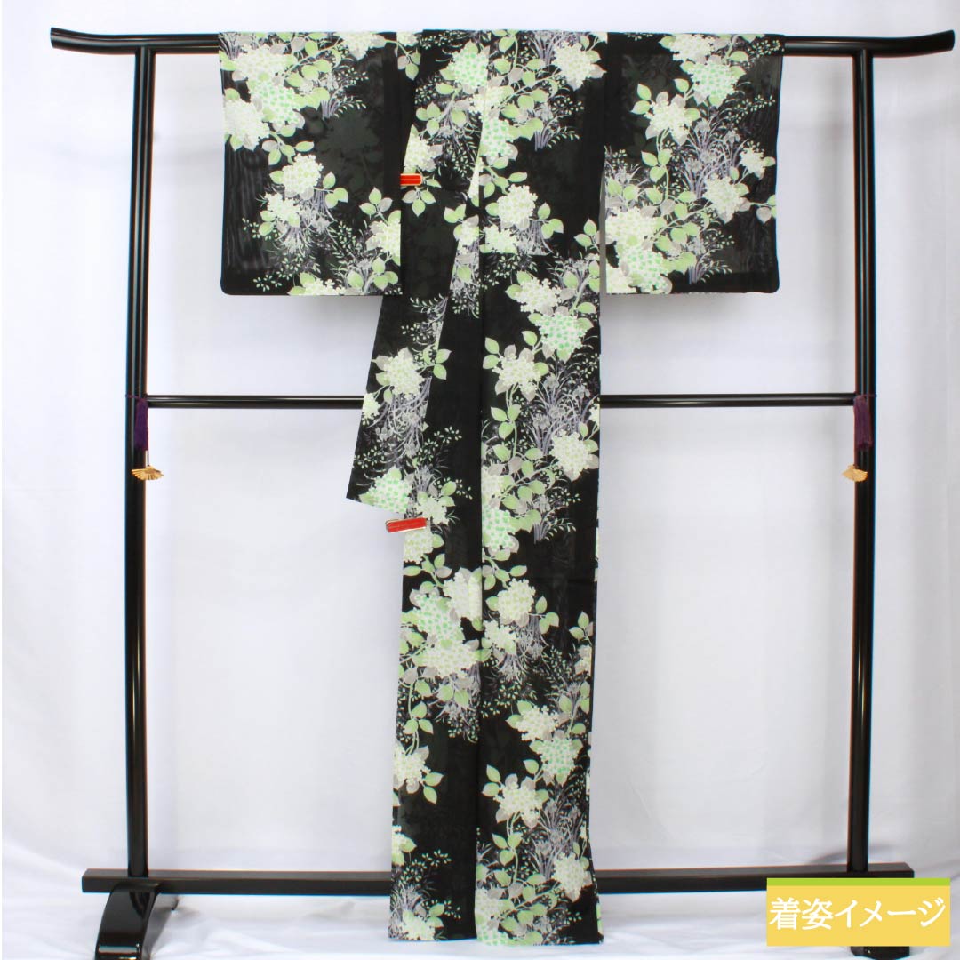 夏物 ポリエステル 小紋 身丈167cm 裄丈63.5cm 紫陽花 菖蒲 洗える着物 絽 Aランク 黒系 1132002283510