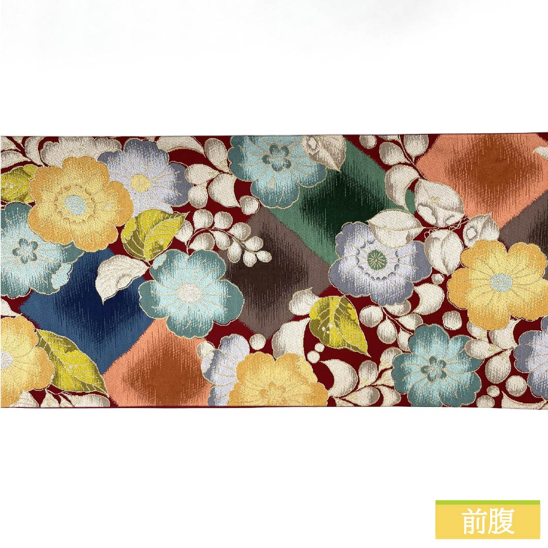 袋帯 正絹 深緋色(ふかきあけいろ) 振袖用 白綾苑大庭 花模様 留袖用 帯丈426cm Aランク 六通 フォーマル 朱系 1123013873316